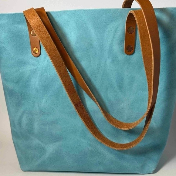 KMM & Co. Handbag Carryall Tote Satchel Light Blue Distressed Leather Purse - Picture 4 of 8
